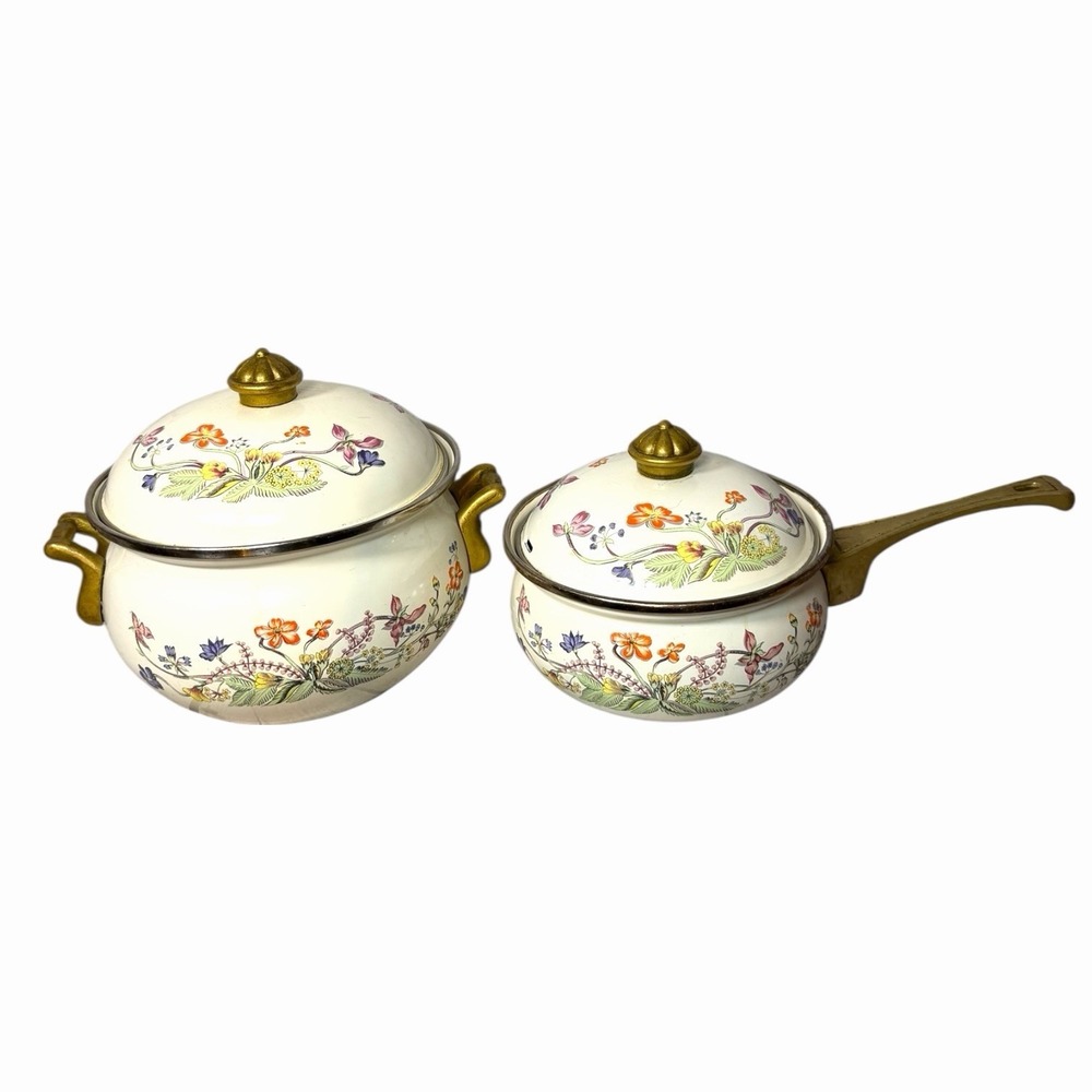 Stockpot & Saucepan Brass Handles Floral Spring Time Vintage Set
